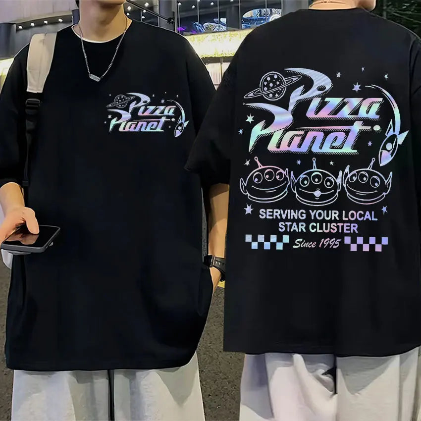 Funny Pizza Planet Double Sided Print T-shirt Men Women Fashion Cartoon Harajuku T Shirts Casual Cotton Oversized Street T Shirt