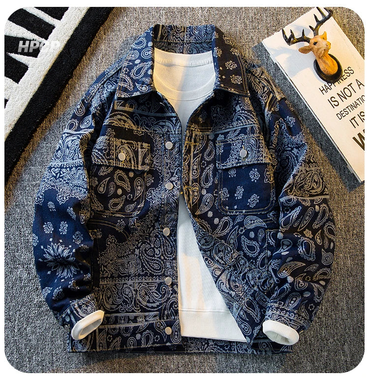 Autumn Retro Ethnic Style Jacquard Denim Jackets Men's Handsome Loose Casual High Street Workwear Jacket Tops Male Clothes