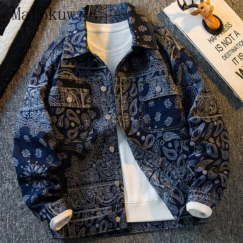 Autumn Retro Ethnic Style Jacquard Denim Jackets Men's Handsome Loose Casual High Street Workwear Jacket Tops Male Clothes