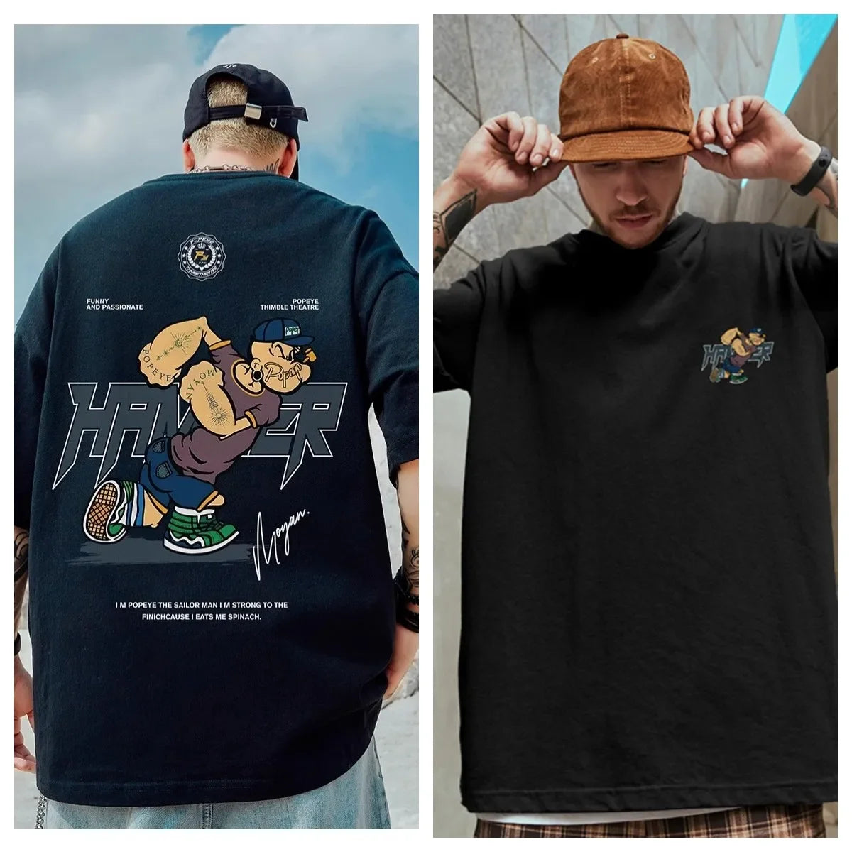 American Trendy Cartoon Popeye Print Short Sleeved T-shirt For Men's Summer Plus Fat Plus Size Loose Cotton