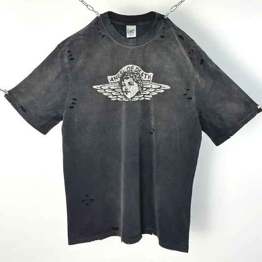 Limited Edition Hole Saint Cracked Angel Print T Shirt Heavyweight Cloth Tops Men Women Vintage Washed Loose Black Short Sleeve