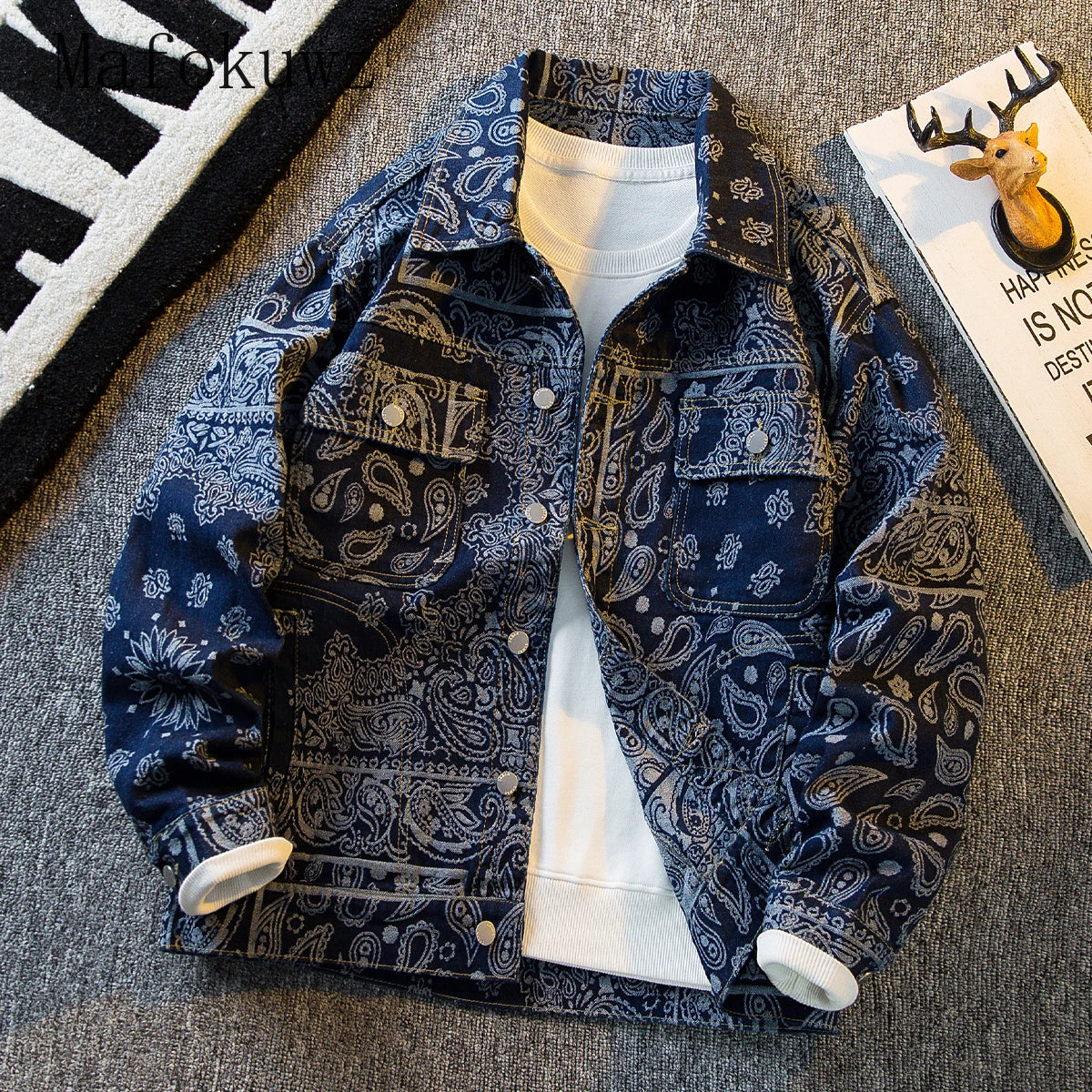 Autumn Retro Ethnic Style Jacquard Denim Jackets Men's Handsome Loose Casual High Street Workwear Jacket Tops Male Clothes