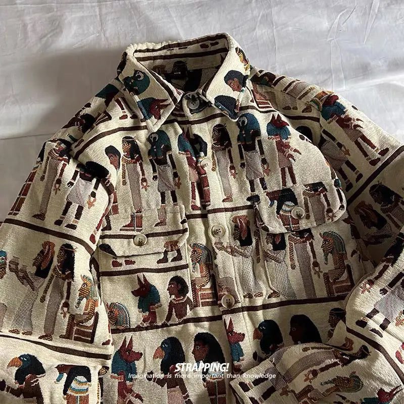 Ancient Egyptian Culture Embroidered Shirt Jacket Spring Autumn Woolen Vintage Top Japanese Retro Trend Blouse for Men Women