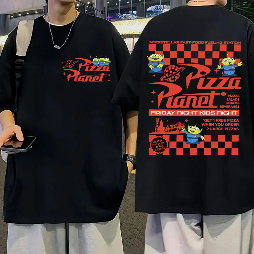 Funny Pizza Planet Double Sided Print T-shirt Men Women Fashion Cartoon Harajuku T Shirts Casual Cotton Oversized Street T Shirt