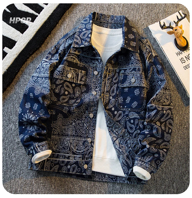 Autumn Retro Ethnic Style Jacquard Denim Jackets Men's Handsome Loose Casual High Street Workwear Jacket Tops Male Clothes