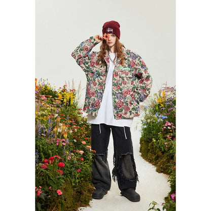 Mens Denim Jacket Retro Flower Oil Painting Pattern Women Loose Coat Unisex Bomber Outwear Spring Street Varsity Jackets Autumn