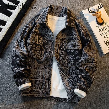 Autumn Retro Ethnic Style Jacquard Denim Jackets Men's Handsome Loose Casual High Street Workwear Jacket Tops Male Clothes