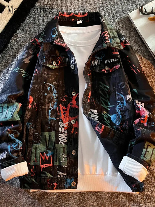 Mafokuwz Leter Graffiti Denim Jacket Men's Fashion Spring Punk Wear Korean Kpop Trend Slim Top Unisex Handsome Casual Jeans Coat