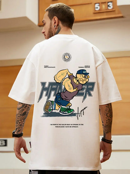 American Trendy Cartoon Popeye Print Short Sleeved T-shirt For Men's Summer Plus Fat Plus Size Loose Cotton