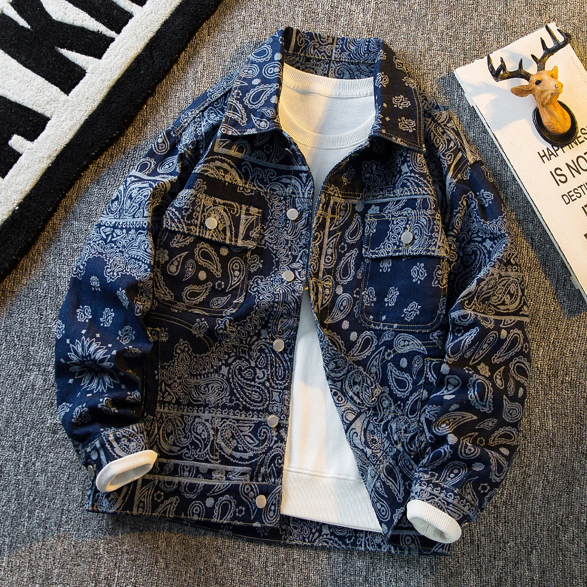 Autumn Retro Ethnic Style Jacquard Denim Jackets Men's Handsome Loose Casual High Street Workwear Jacket Tops Male Clothes