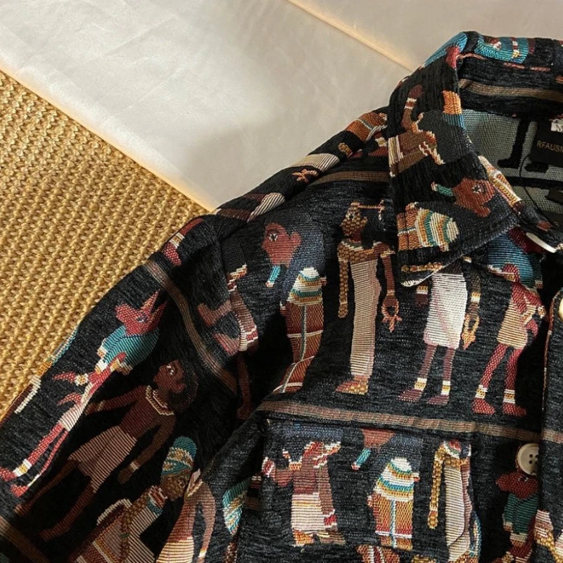 Ancient Egyptian Culture Embroidered Shirt Jacket Spring Autumn Woolen Vintage Top Japanese Retro Trend Blouse for Men Women