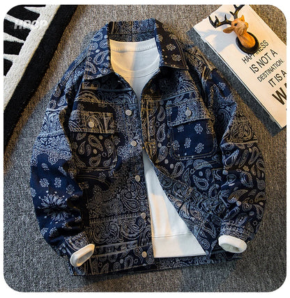 Autumn Retro Ethnic Style Jacquard Denim Jackets Men's Handsome Loose Casual High Street Workwear Jacket Tops Male Clothes