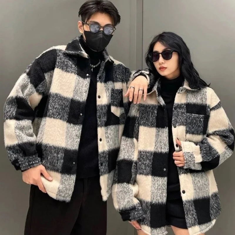 Gmiixder Winter New Plaid Coat Men's Checkered Long Plush Casual Thickened Woolen Jacket Trendy Versatile Loose Warm Cotton Coat