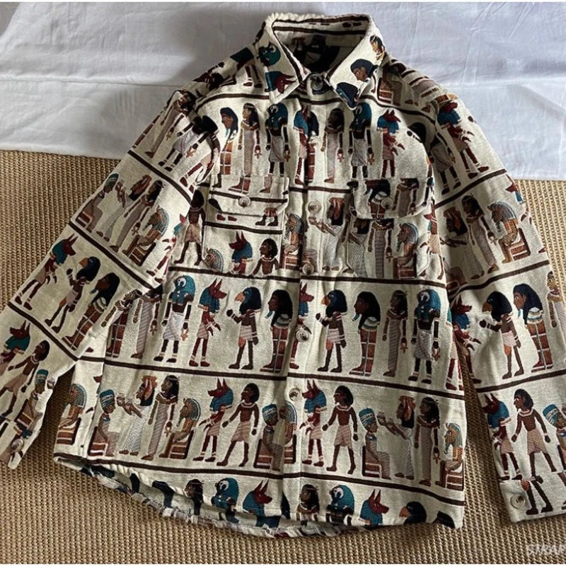 Ancient Egyptian Culture Embroidered Shirt Jacket Spring Autumn Woolen Vintage Top Japanese Retro Trend Blouse for Men Women