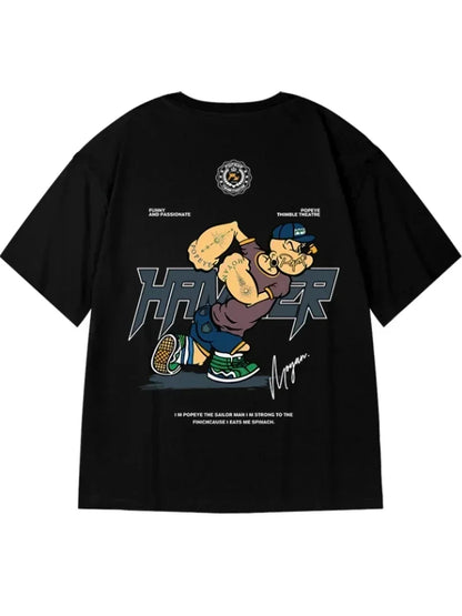 American Trendy Cartoon Popeye Print Short Sleeved T-shirt For Men's Summer Plus Fat Plus Size Loose Cotton