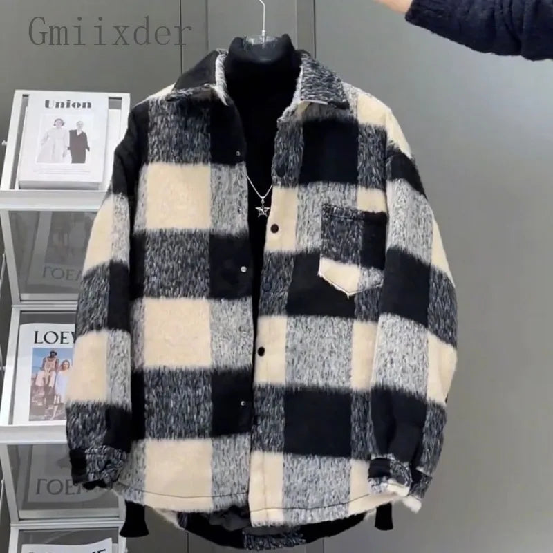 Gmiixder Winter New Plaid Coat Men's Checkered Long Plush Casual Thickened Woolen Jacket Trendy Versatile Loose Warm Cotton Coat