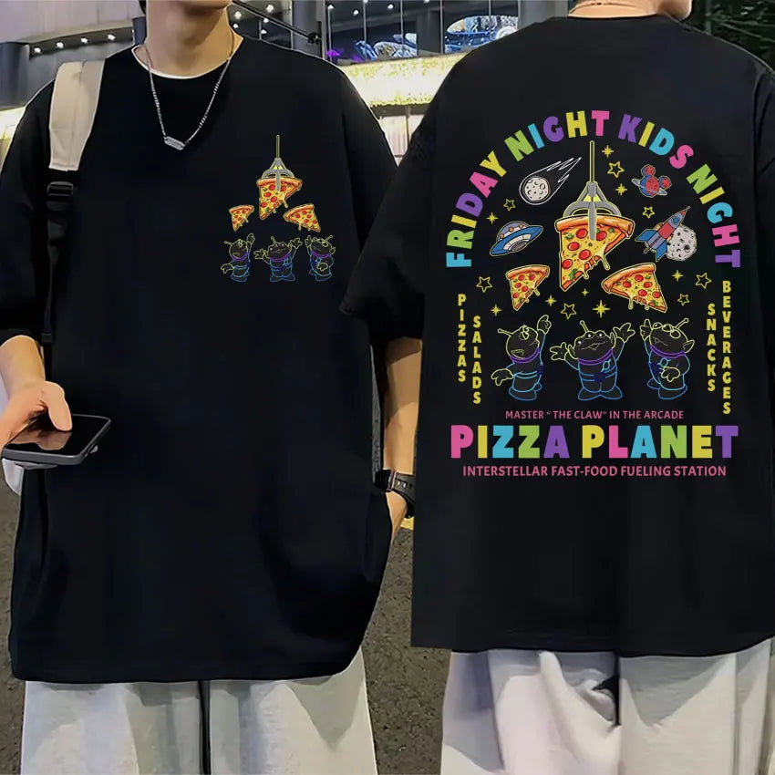 Funny Pizza Planet Double Sided Print T-shirt Men Women Fashion Cartoon Harajuku T Shirts Casual Cotton Oversized Street T Shirt