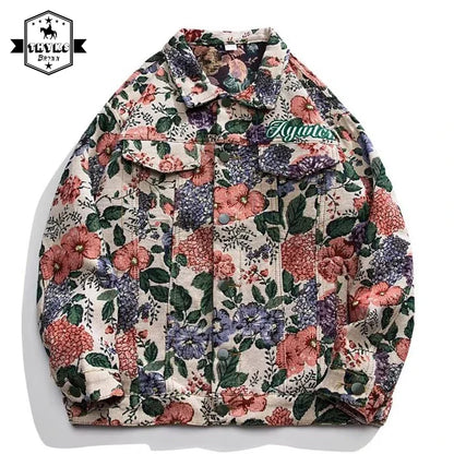 Mens Denim Jacket Retro Flower Oil Painting Pattern Women Loose Coat Unisex Bomber Outwear Spring Street Varsity Jackets Autumn