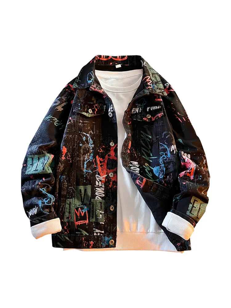 Mafokuwz Leter Graffiti Denim Jacket Men's Fashion Spring Punk Wear Korean Kpop Trend Slim Top Unisex Handsome Casual Jeans Coat