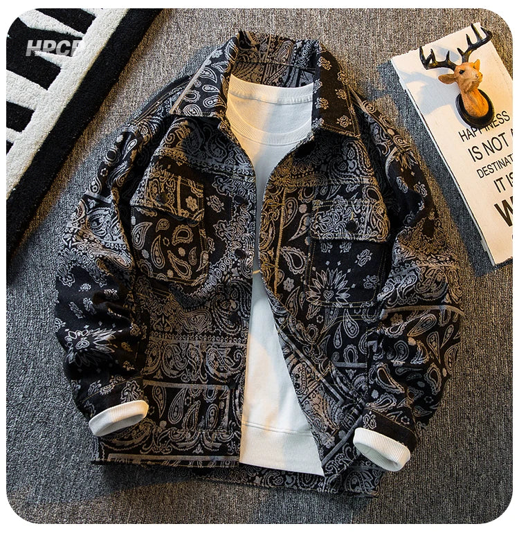 Autumn Retro Ethnic Style Jacquard Denim Jackets Men's Handsome Loose Casual High Street Workwear Jacket Tops Male Clothes