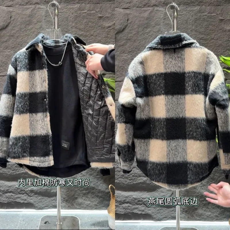 Gmiixder Winter New Plaid Coat Men's Checkered Long Plush Casual Thickened Woolen Jacket Trendy Versatile Loose Warm Cotton Coat