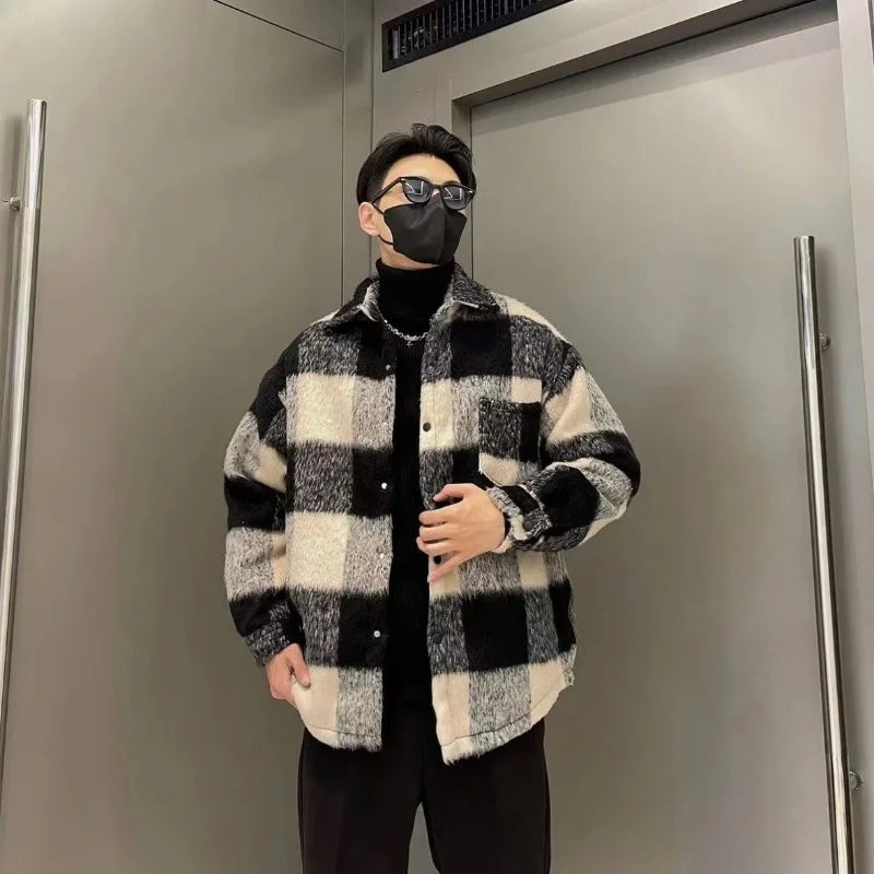 Gmiixder Winter New Plaid Coat Men's Checkered Long Plush Casual Thickened Woolen Jacket Trendy Versatile Loose Warm Cotton Coat