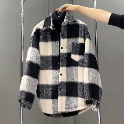 Gmiixder Winter New Plaid Coat Men's Checkered Long Plush Casual Thickened Woolen Jacket Trendy Versatile Loose Warm Cotton Coat