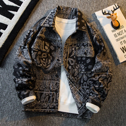 Autumn Retro Ethnic Style Jacquard Denim Jackets Men's Handsome Loose Casual High Street Workwear Jacket Tops Male Clothes