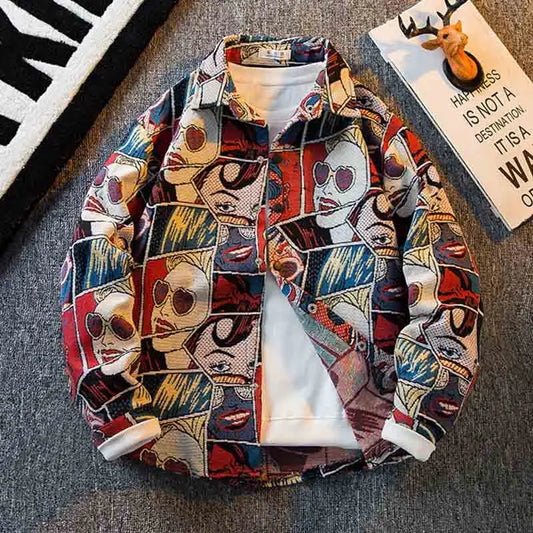 Japanese Cartoon Anime Shirt Men Long-sleeved Korean Streetwear Autumn High-end Handsome Jacquard Shirt Casual Blouse Jacket